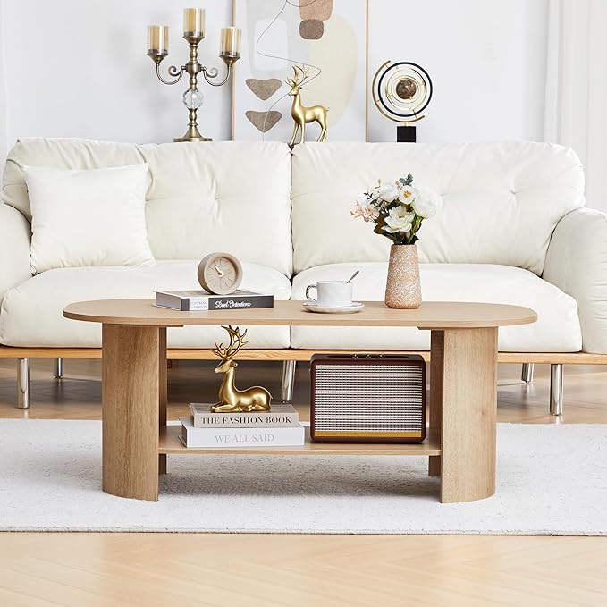 Oval Coffee Table for Living Room, 43.3” Farmhouse Coffee Tables with Storage, 2-Tier Wood Center Table with Storage Shelf Low Tea Table for Small Space, Home, Office, Easy Assembly (Natural)