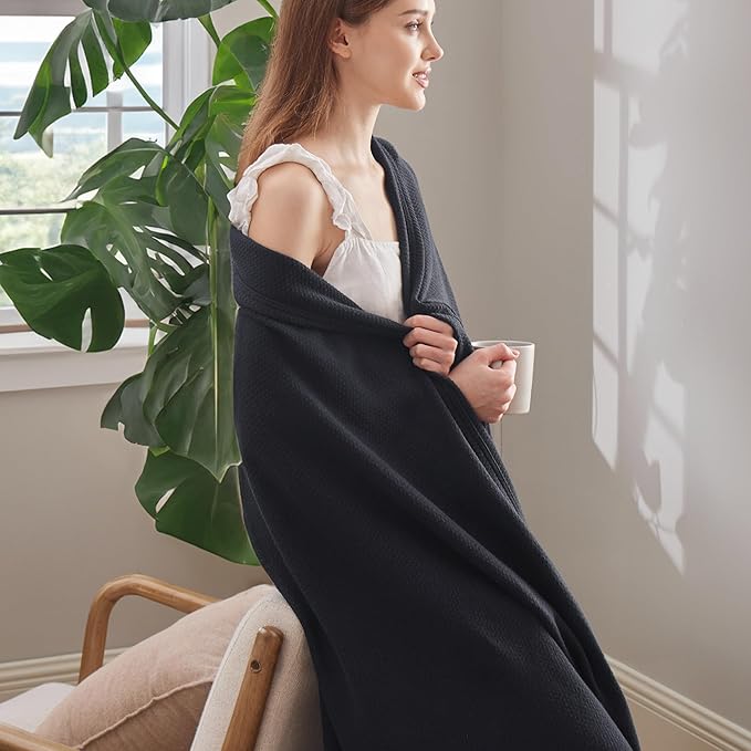 Bedsure GentleSoft 100% Cotton Large Throw Blanket for Couch 50x70 inches - Breathable and Lightweight, Soft Cozy Herringbone Woven Cotton Throw for Summer, Black Office Chair Blanket