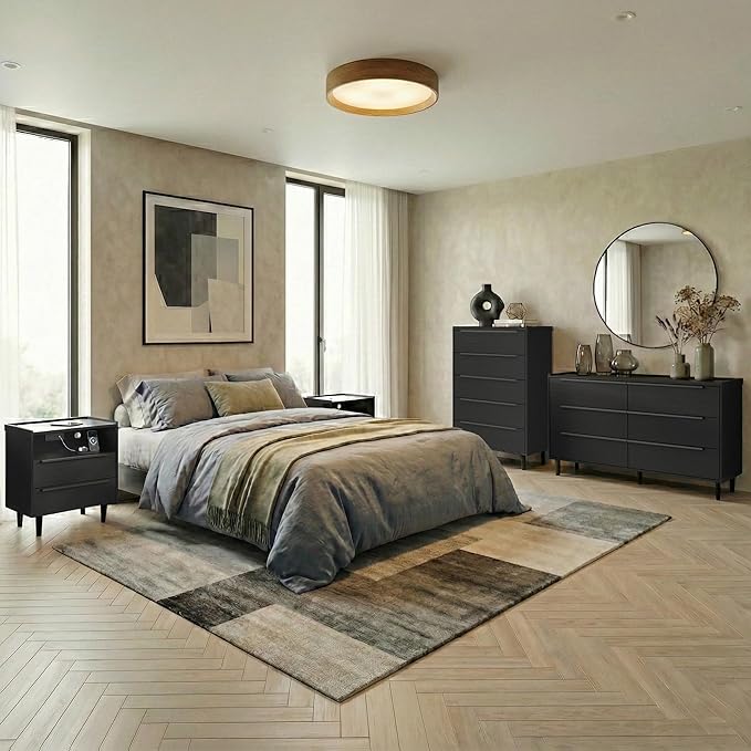 4PC Bedroom Furniture Set, Black Wood Grain 6-Drawer Dresser & 2 Charging Nightstands with Metal Handles, USB & Type-C Ports, AC Outlets, Open Shelf, Raised Edge Top, for Bedroom Apartment