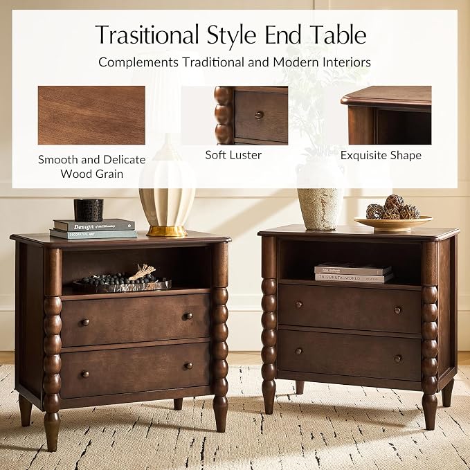 HULALA HOME Farmhouse Storage End Table Set of 2 with Spindle Columns, 2 Drawers and Open Shelf Side Table, Solid Wood Fluted Side Table with Charging Station, Walnut - Image 6