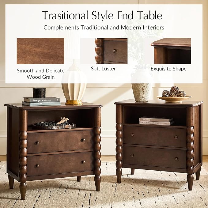 HULALA HOME Farmhouse Storage End Table with Spindle Columns, 2 Drawers and Open Shelf Side Table, Solid Wood Fluted Side Table with Charging Station, Walnut - Image 6