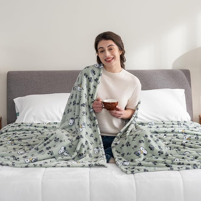 Berkshire Blanket Peanuts® VelvetLoft® Cute Character Snoopy Plush Blanket,Peanuts Snoopy & Woodstock New Flower and Bees Sage,Full/Queen 90 in x 90 in (Official Peanuts® Product)