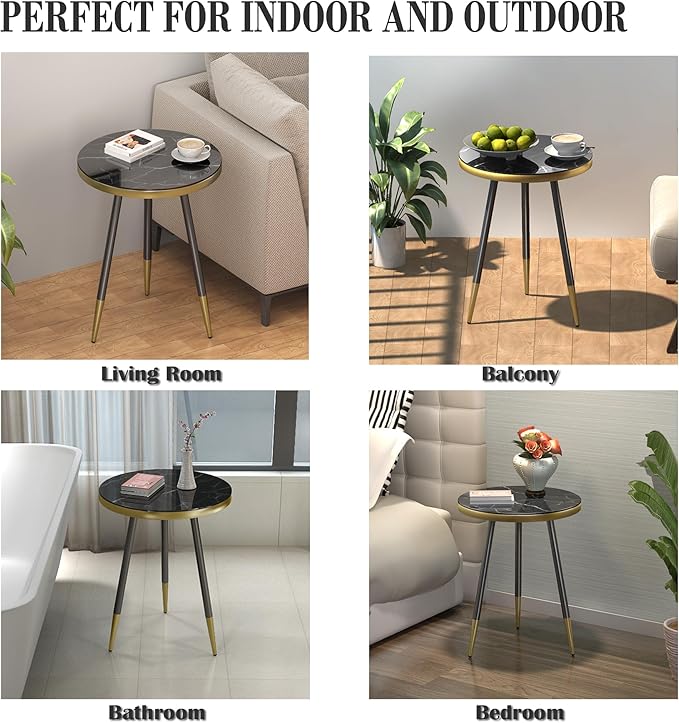 Round Coffee Table for Living Room, Bedroom, Balcony - 21.7" x 19.7" Space-Saving Black Marble-Textured Top, Sturdy Metal Frame with Black & Gold Finish | Premium Baked Paint, Easy Assembly