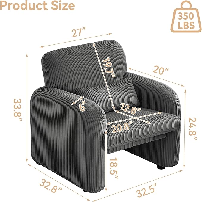 WUTUTUEE Corduroy Fabric Accent Chairs Set of 2, Modern Upholstered Living Room Chairs with Lumbar Pillow, Wide Comfy Leisure Armchair for Bedroom, Office, Reading, Grey