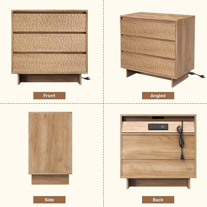 Miereirl Nightstands with Charging Station, Modern Nightstand with 3 Drawers, 26.5" W Wooden End Side Table for Bedroom, Natural Oak - Image 6