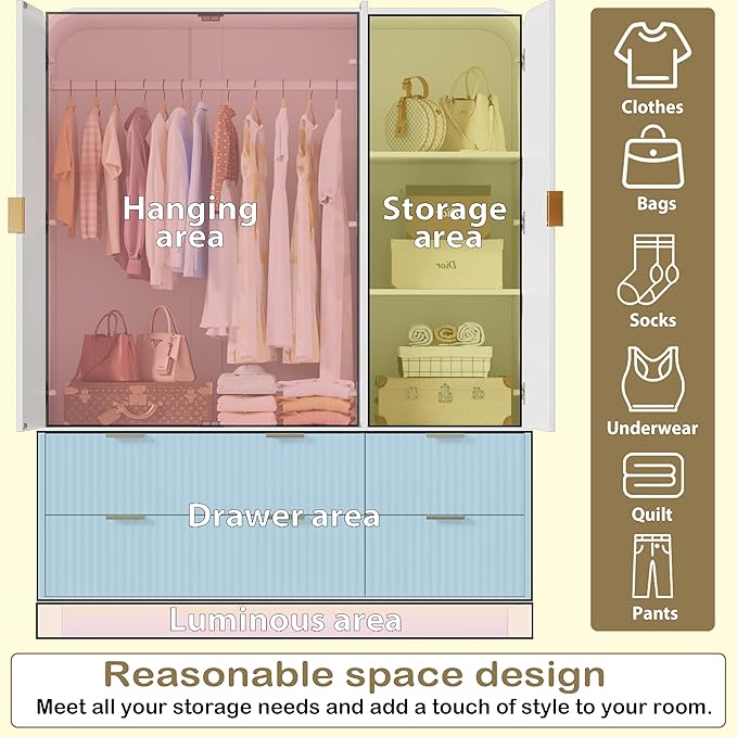 3 Door Wardrobe Closet with Mirror and LED Lights,Wooden Bedroom Armoires with Hanging Rods & Shelves, Drawers for Bedroom,Laundry Room,Cloak Room,White