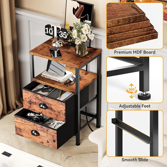 Furologee Nightstand with Charging Station, End Table with LED Lights, Bedside Table with USB Ports & Outlets, Night Stands with 2 Drawers, for Living Room/Bedroom - Image 6