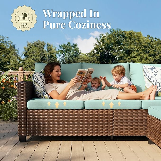 Patio Furniture Set, 7 Pcs Wicker Rattan Outdoor Conversation Set, 4 x Leg Chairs, 1 x 3 Seater Sofa and 2 x Ottoman with 4" Thick Cushion for Garden Backyard Deck, Blue