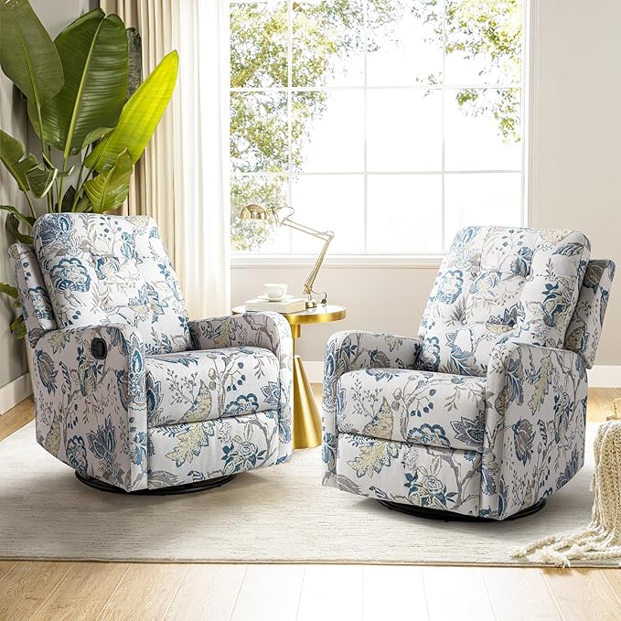 HULALA Home Recliner Chair Set of 2, Modern Printed Fabric for Living Room, Rocker Recliner Sofa Comfy Armchair 360 Degree Swivel, Nursery Rocking Chairs with Adjustable Backrest & Footrest/Blue