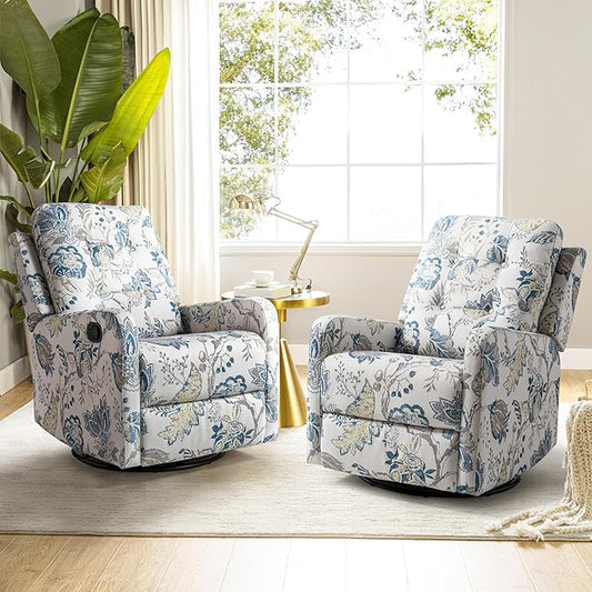 HULALA Home Recliner Chair Set of 2, Modern Printed Fabric for Living Room, Rocker Recliner Sofa Comfy Armchair 360 Degree Swivel, Nursery Rocking Chairs with Adjustable Backrest & Footrest/Blue