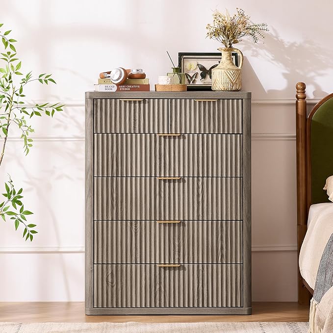 LEYAOYAO 42" Tall Fluted Dresser and 2 Drawers 23" Nightstand Set of 2, Wooden Dresser & Night Stand with Charging Station, 3 Piece Bedroom Furniture Set, Wood Chest of Drawer for Living Room,Grey