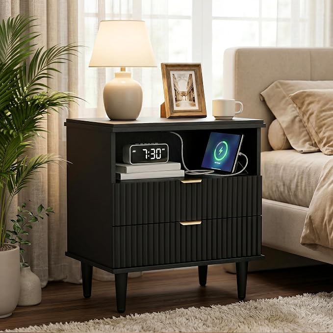 Black Nightstand with Charging Station for Bedroom, Fluted Wooden Bedside Table with 2 Drawers, Open Storage, Gold Metal Handles, Modern End Table Set 1 by LegacyAmerhomeDirect