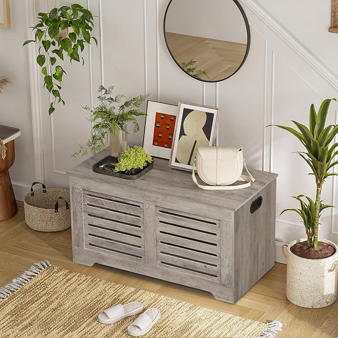DINZI LVJ Storage Chest, Flip-Top Wooden Toy Box with 2 Safety Hinges, Retro Entryway Shoe Storage Bench, Sturdy Large Storage Trunk for Living Room, Bedroom, Easy Assembly, Greige - Image 9