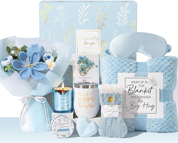Mothers Day Birthday Gifts for Women Self Care Package Get Well Soon Gift Baskets, Thinking of You Sympathy Spa Gift Set w/ Crochet Flower Bouquet, Unique Gifts for Women Mom Sister Grandma Friends