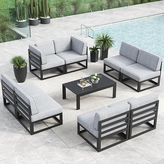 LayinSun Large Aluminum Patio Furniture Set, 9 Pieces Modern Outdoor Conversation Set Sectional Metal Sofa Set with Olefin Cushion