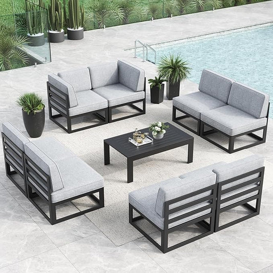 LayinSun Large Aluminum Patio Furniture Set, 9 Pieces Modern Outdoor Conversation Set Sectional Metal Sofa Set with Olefin Cushion
