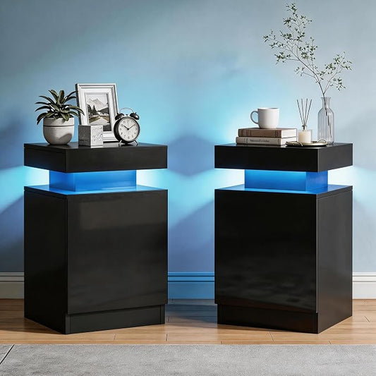 MXV Nightstands Set of 2, LED Night Stand with Charging Station, Bedside Table with Sliding Top Storage, Modern End Table for Bedroom, Black by Unknown