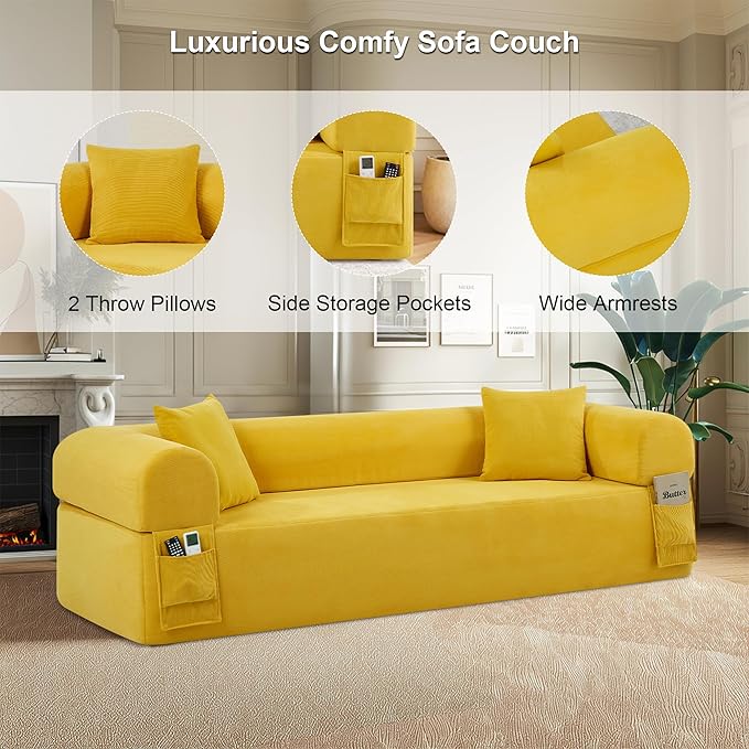 83'' Boneless Sofa in A Box, 3-Seater Floor Sofa No Assembly Corduroy Couch for Living Room, Cloud Couch with 2 Pillows & Storage Bag, Memory Foam Small Floor Couches for Office, Bright Yellow