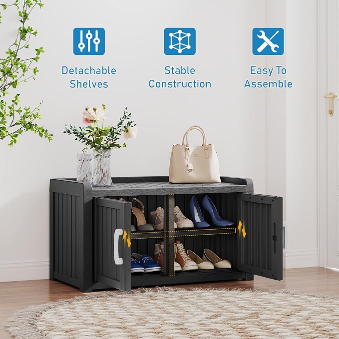 2-Tier Storage Bench, Waterproof UV-Resistant Outdoor Shoe Storage Cabinet with 2 Doors & Adjustable Shelves for Indoor Outdoor Entryway, Hallway, Living Room (Raven Black) - Image 5