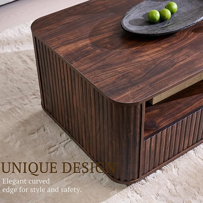 ACCOHOHO 51" Fluted Coffee Table with Storage, Modern Center Table with 2 Drawers, Rectangle Wood Coffee Table for Living Room, (Dark Walnut)