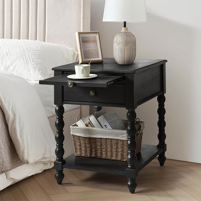 HULALA HOME Spindle Nightstands with Charging Station, Solid Wood Nightstand with Drawer Shelf, Side Table with Pull-Out Shelf (1, Charcoal) - Image 3