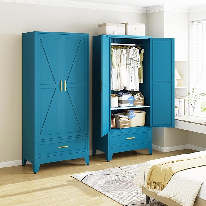 Metal Armoire Wardrobe Closet with Drawers, 71" Wardrobe Cabinet with Adjustable Shelves and Hanging Rod for Bedroom, Blue Metal Closet Storage Cabinet with 2 Doors & 1 Drawer