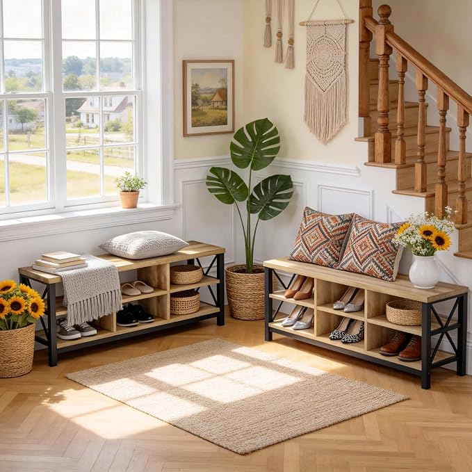 FATORRI Shoe Bench Entryway with Storage, Industrial Wood and Metal Hallway Benches with Adjustable Shelves, Rustic Entry Way Bench for Living Room (47.24 Inch Long, Rustic Oak) - Image 3