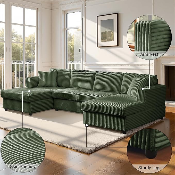 123" U-Shaped Modular sectional Sofa, Two L-Shape Chaise with 2 Cloud Couch sectional with Two Pillows, couches for Living Room(Green)