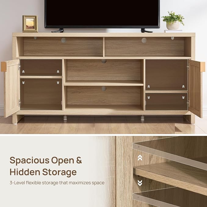 SICOTAS 63" Rattan TV Stand for TVs up to 65" - 31.5" Tall TV Stands for Living Room Boho Entertainment Center with Large Storage and Doors, Modern Wood Media Console for Bedroom, Light Oak - Image 5