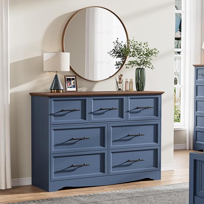 Bedroom Set, 4 Pieces Bedroom Furniture Set, 47" W 7 Drawer Dresser, 44" H 6 Drawer Dresser and Nightstands with Charging Station, Farmhouse Storage Organizer Cabinet for Bedroom, Blue