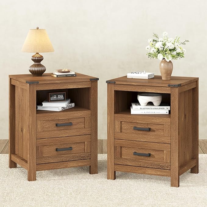 EazeHome 3 Piece Bedroom Set - Includes 6 Drawer Dresser for Bedroom, Set of 2 Nightstands with Open Storage Shelf and Drawers, Retro Dresser and Nightstand Sets, Rustic Brown