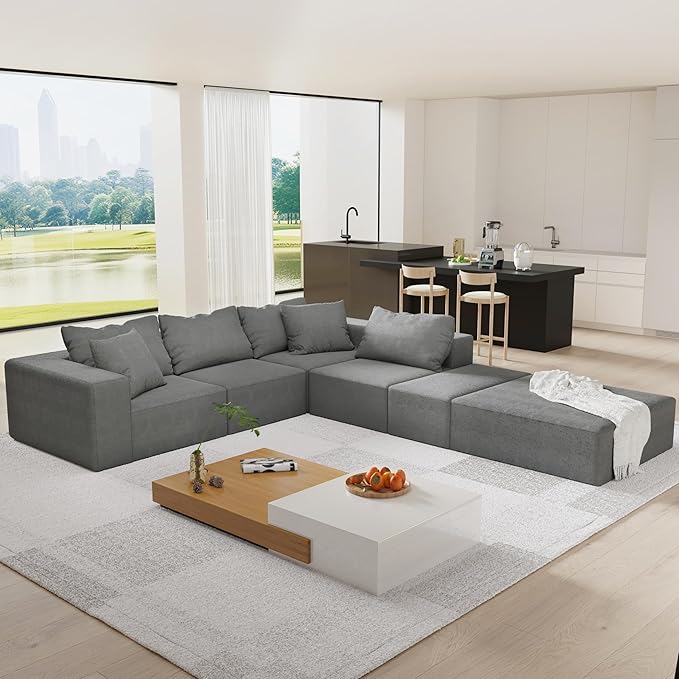 KEIKI Sectional Sofa Couch Set, Modular 132" L Shaped Couch Set with 6 Pillows, Free Combination Upholstered Sofa Couch for Living Room, Bedroom, Grey