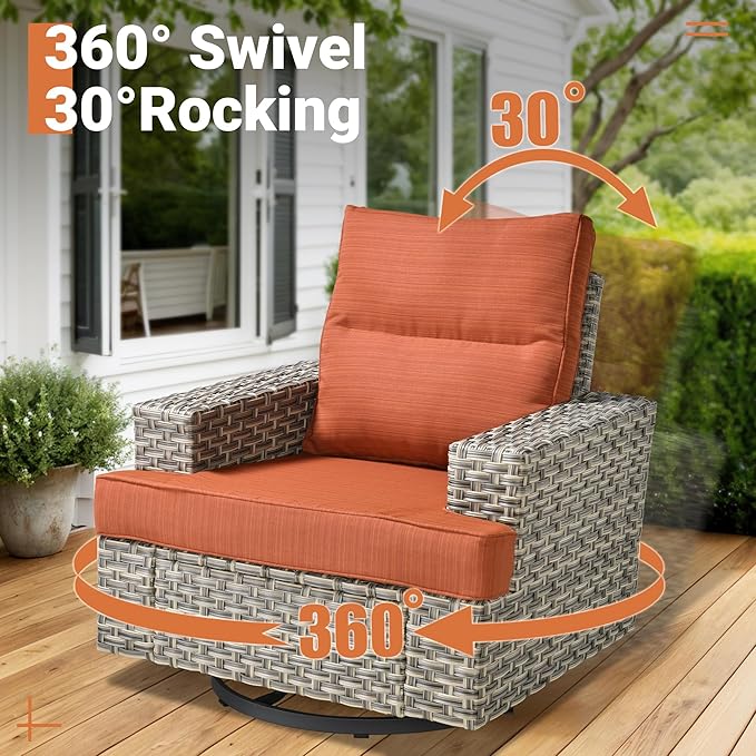 ovios 8 Piece Patio Sectional Furniture with Swivel Rocking Chairs, Rattan Wicker Coversation Set with Glowing Coffee Table, Outdoor Sofa Set for Outside Porch Balcony Backyard Pool,Orange