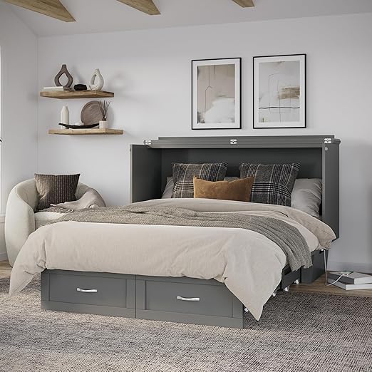 AFI, Chelsea Mid-Century Modern Queen Solid Wood Murphy Bed Chest with 6" Mattress, Storage Drawer & Built-in USB Charger, Grey