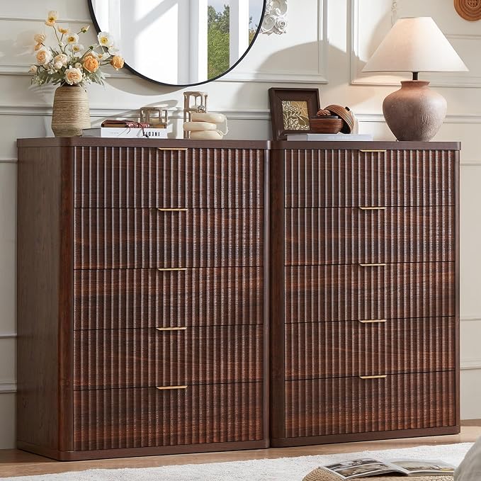 LEYAOYAO Fluted 5 Drawers Dresser Set of 2, 41" Tall Modern Chest of Drawers with Metal Handle, Curved Profile Dresser TV Stand, Wooden Drawer Organizer for Bedroom, Living Room, Hallway, Walnut by LEYAOYAO-Findtheshiningpointofyourideallife%EF%BC%81