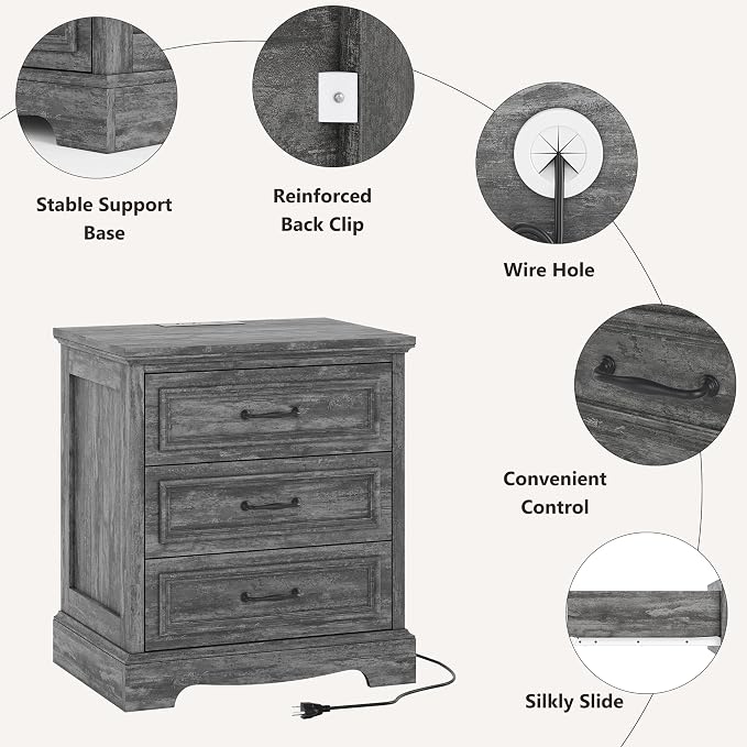 Farmhouse Nightstand Set of 2, Wood Night Stand with 3 Drawers and Charging Station Modern Bedside Table for Bedroom End Side Table Storage Cabinet Small 6 Drawers Dresser (2, Dark Gray) - Image 6