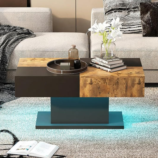 Black Led Coffee Table for Living Room, Living Room Table Rectangular Center Table, Modern Wooden Coffee Tables with 16 Colors LED Lights for Dining Reception Room