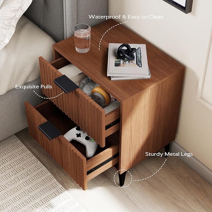 SUNWAVE Walnut Fluted Nightstand Set of 2, Modern Night Stands with 2 Drawers, Bedside Table for Twin/Full/Queen Bed, End Table with Robot-Friendly Metal Legs for Bedroom, Living Room - Image 6