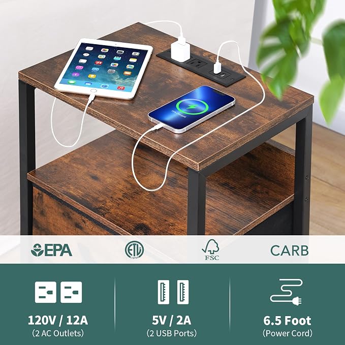 Yoobure Nightstand with Charging Station, LED Night Stand with Fabric Drawers and Storage Shelf for Bedroom, Nightstands Bedside Tables with USB Ports & Outlets, Small Night Stands, Bed Side Table - Image 6