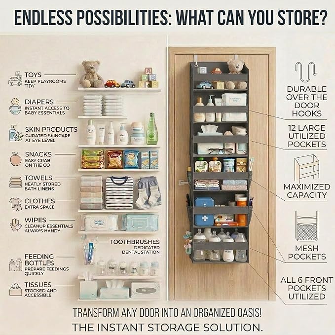 HOMELUX THEORY UPGRADED 6 Tiers Over The Door Organizer Hanging - 100D EXTRA THICK & 50lbs HUGE CAPACITY, 12 Side Mesh Pockets Over The Door Shoe Organizer, Hanging Closet Organizer (Dark Gray, 1pc) - Image 6