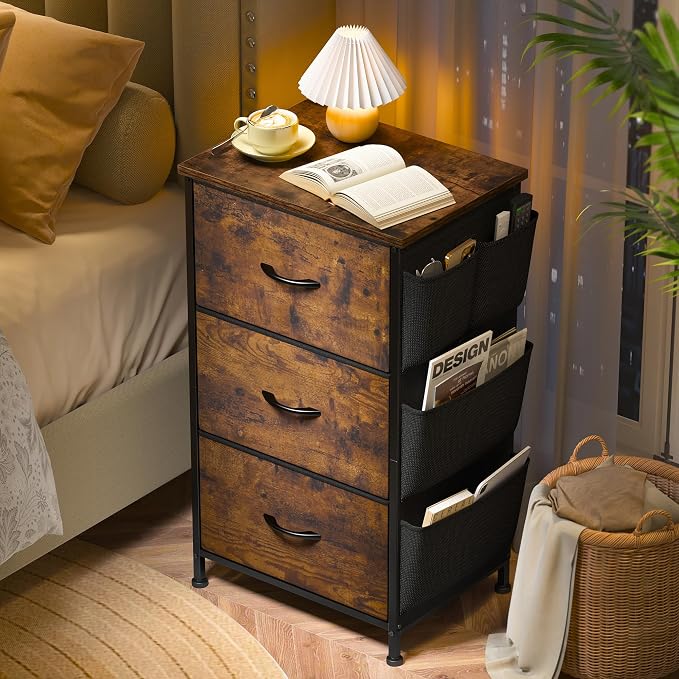 Night Stand Set 2,Night Stand with Drawers for Bedroom,Bedside Table with Wooden Top,Sturdy Steel Frame End Table,Dorm Small Nightstand for Bedroom,Entryway,Hallway,Cloth Bags,Hooks,Rustic Brown - Image 2