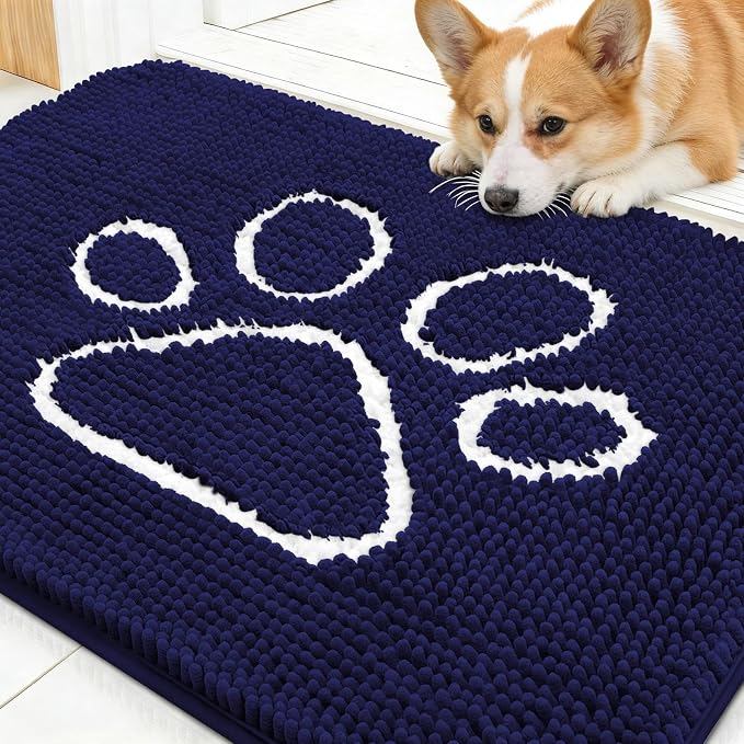 OLANLY Dog Door Mat for Muddy Paws 30x20, Paw Print Design, Absorbs Moisture and Dirt, Absorbent Non-Slip Washable Doormat, Quick Dry Chenille Mud Mat for Dogs, Entry Indoor Entryway Carpet, Navy Blue by OLANLY