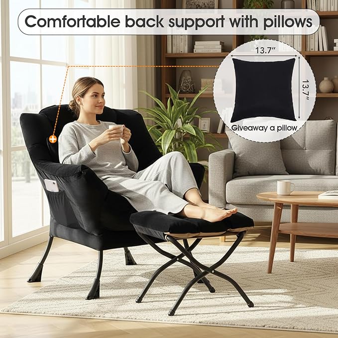 Lazy Chair with Ottoman, Large Accent Chair with Ottoman and a Throw Pillow, Black Reading Chair for Living Room Bedroom Dorm Room Office Apartment Relaxing Use