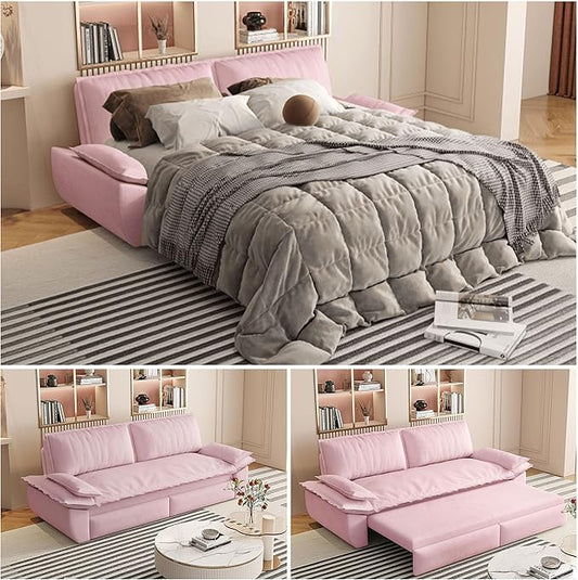 73.2" Queen Size Pull Out Sofa Bed, 3-in-1 Convertible Sleeper, Velvet Loveseat for Living Room, Apartment, Bedroom Small Spaces, Pink (Mattress & Bedding Not Included)
