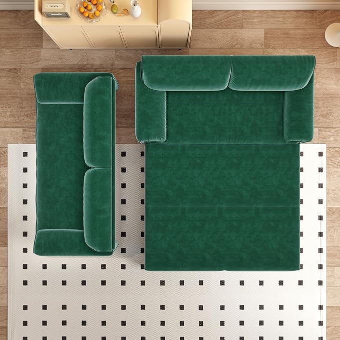 66" Queen Size Pull Out Sofa Bed, 3-in-1 Convertible Sleeper with Side Storage and Wheels, Velvet Loveseat for Living Room, Apartment, Bedroom, Green (Mattress & Bedding Not Included)