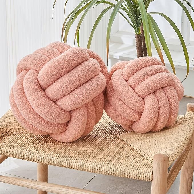 LUSJNGE Decorative Throw Knot Pillow Ball for Home Chair Sofa Couch Bed Aesthetic Round Decor Pillows Lambswool Knotted Pillow Cushion (Pink, 13 inches)