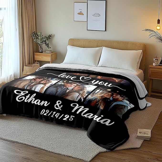 Personalized Photo Blanket with Name, Custom Valentine's Blanket with Pictures for Boyfriend Girlfriend, Customized Birthday Christmas for Husband Wife Men Women