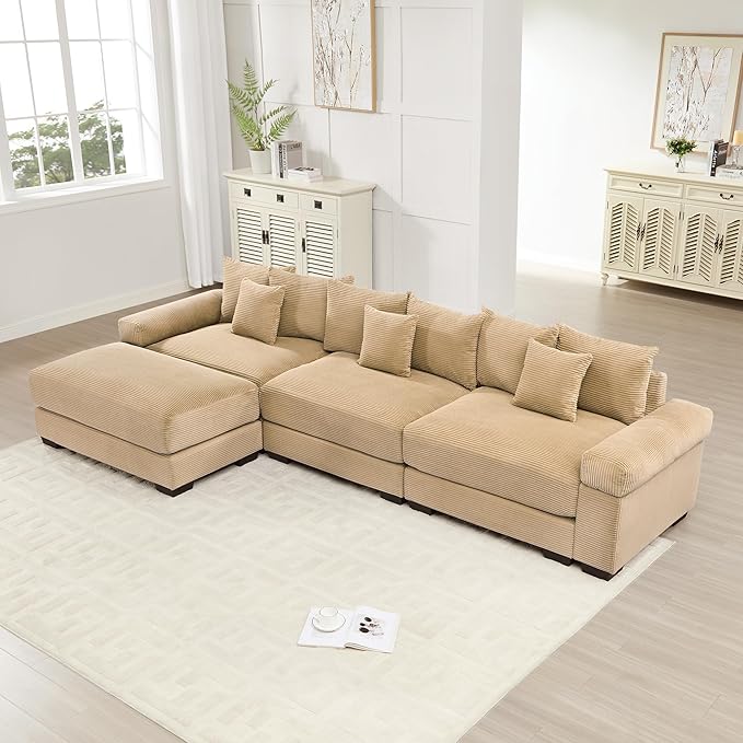 KEIKI 130" L-Shaped Oversized Corduroy Modular Cloud Sectional Sofa with 1 Ottoman, High-Density Foam Cushion, Extra-Thick Armrest, 3-Seater Fluffy Corner Couch with 9 Pillow, for Living Room, Camel