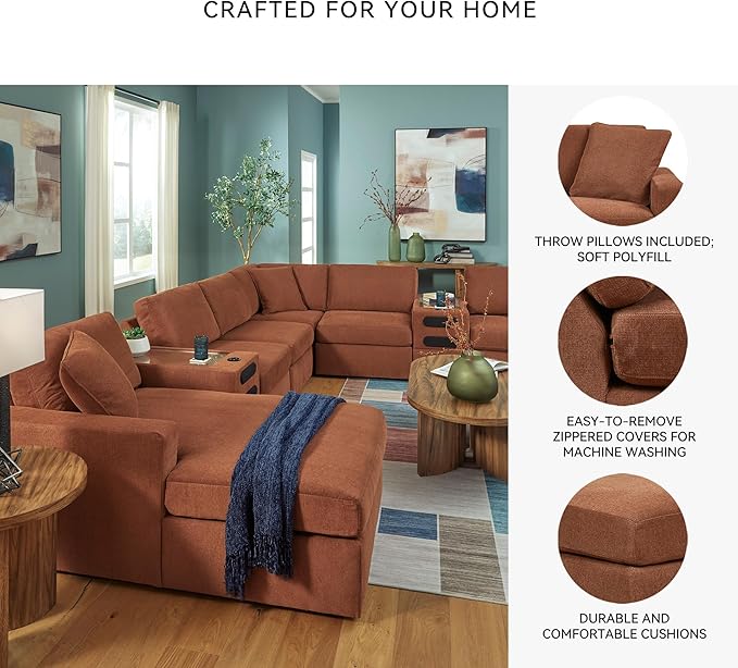 Signature Design by Ashley Modern Modmax Stain Resistant U-Shape Right-Arm Facing 8-PC Sectional with Chaise and Audio Consoles, Orange