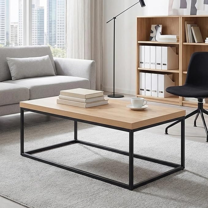 CENSI 47 Inch Oak Coffee Table for Living Room, Modern Industrial Center Table with Extra Thick 40mm Wood Top, Natural White Oak Finish, Rectangle Cocktail Table